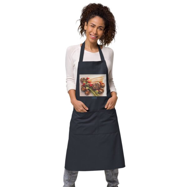 tablier en coton biologique au motif d'asperges, tomates, fraises -design exclusif